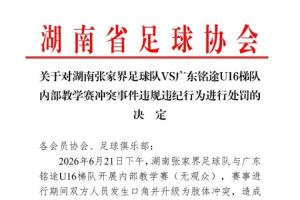 湖南省足協(xié)公布對張家界隊處罰：一球員禁賽1年，三球員禁賽半年