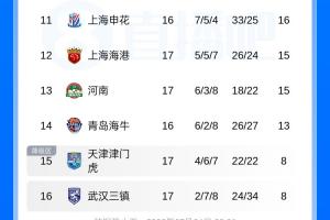 中超積分榜：國安積分平泰山升第6 海港第12 津門虎首次逃離墊底
