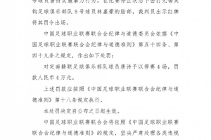 官方：中甲定南贛聯(lián)球員唐詩擊打?qū)κ帜槻?，停?場罰款4萬元