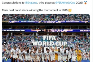 FIFA社媒：祝賀英格蘭隊(duì)獲得世界杯季軍，創(chuàng)造1966年后最好成績(jī)